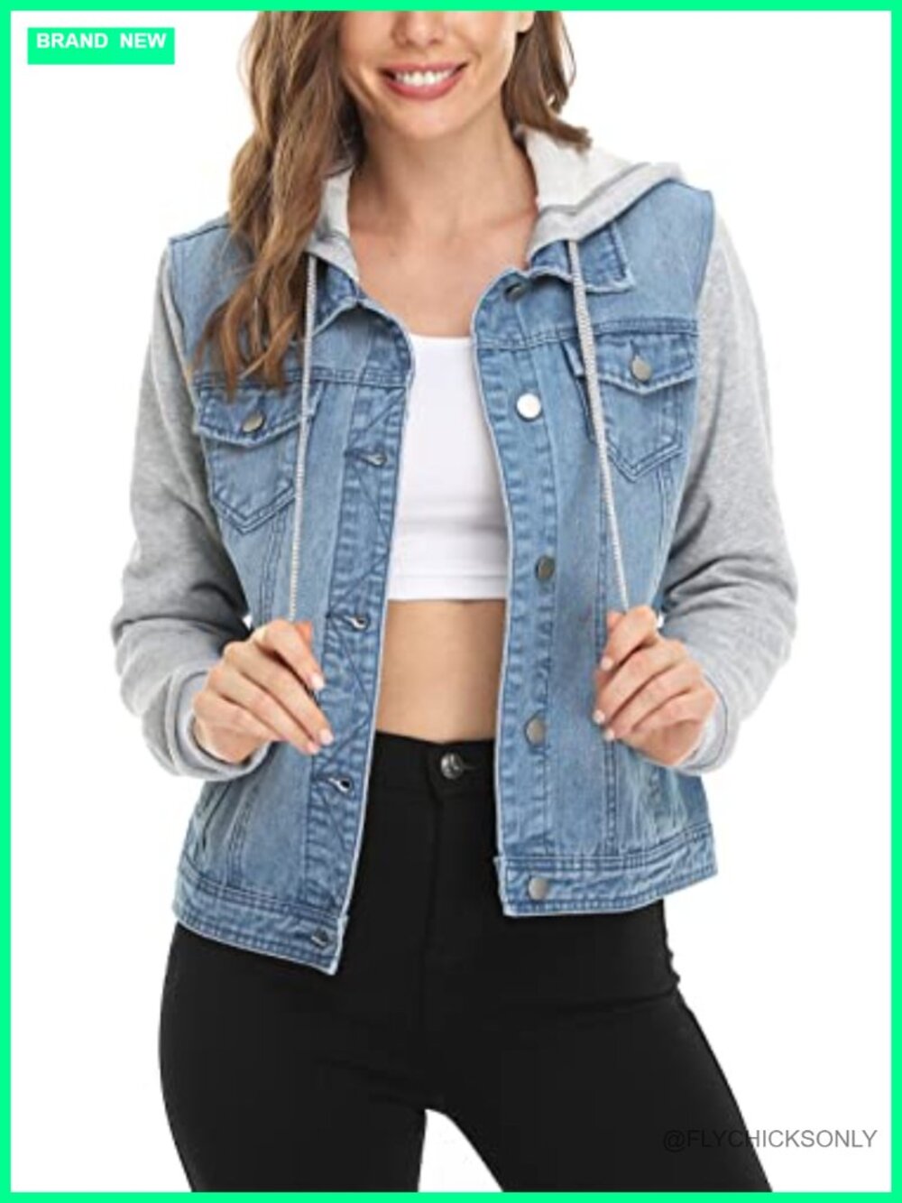 Womens Layered Drawstring Hoodie Denim Jacket Cotton Casual Coat Pockets